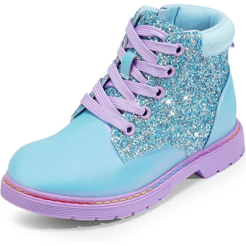 🆕Girls Ankle Boots Blue Glitter Combat Bootie Zipper Lace Up Winter Dress Boot
